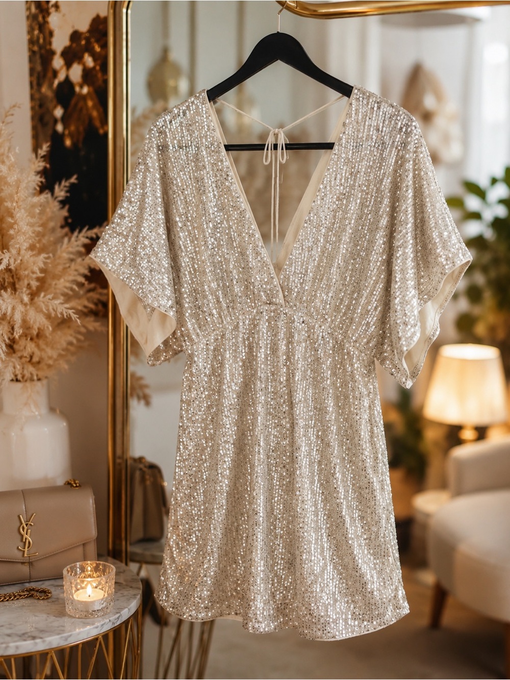 H&M Champagne Silver Sequin Mini Dress Open Back Batwing Sleeves Size Large